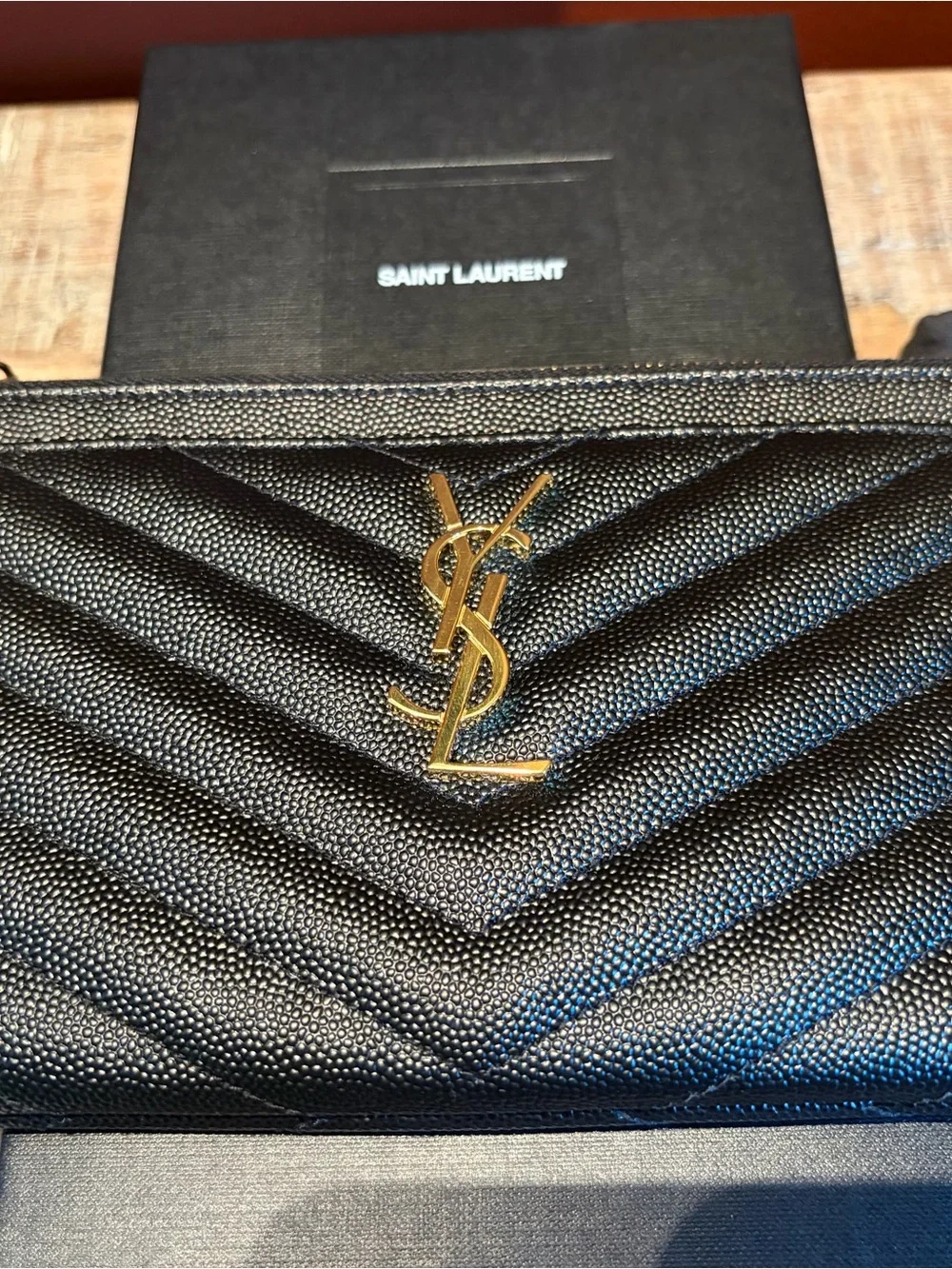 Saint Laurent Black Quilted Leather Zip Card Pouch with Gold YSL Emblem